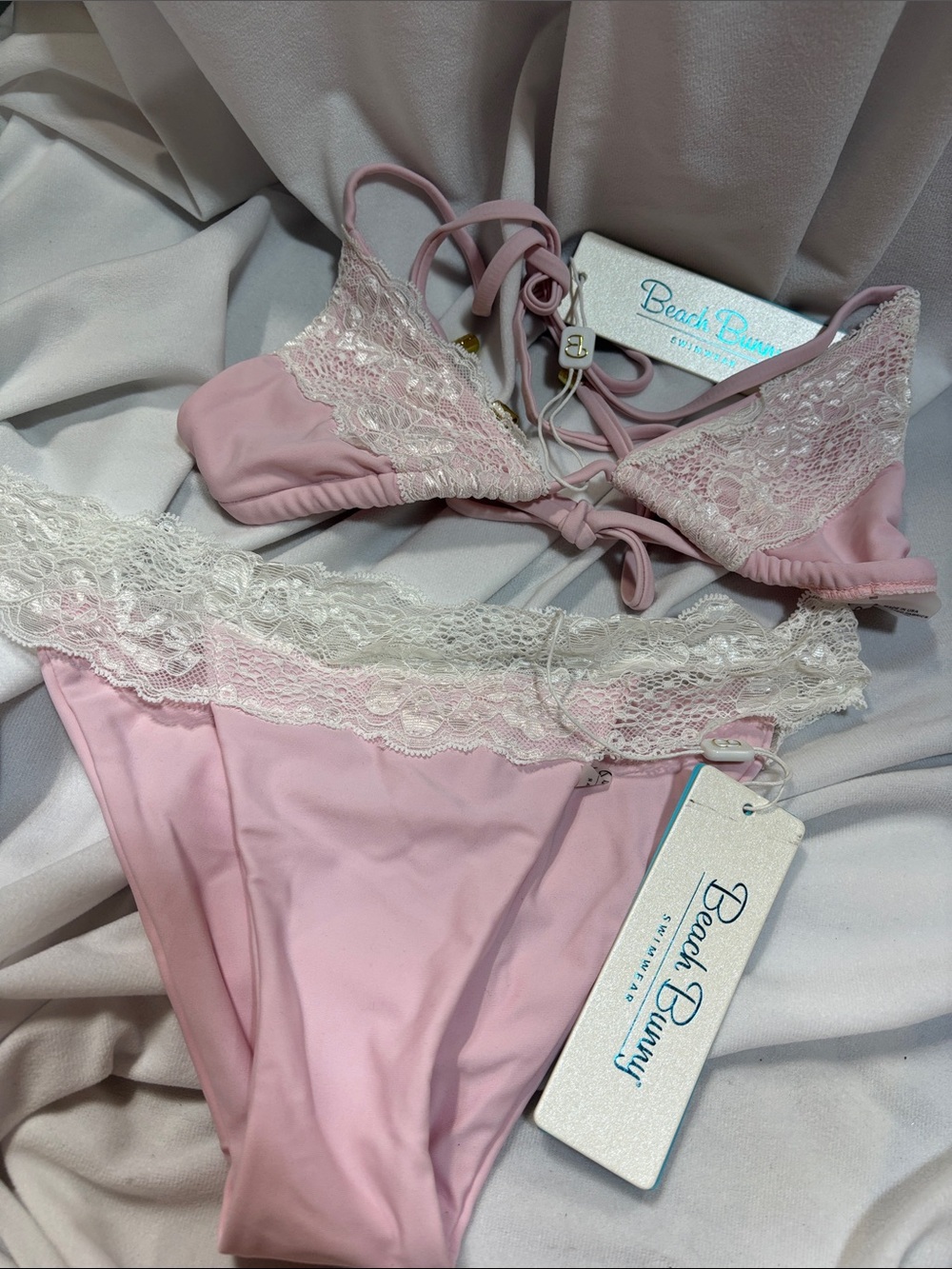 BEACH BUNNY Tri top 2 PIECE BIKINI skimpy LADY LACE SOFT BABY PINK SET NWT S - Picture 5 of 16